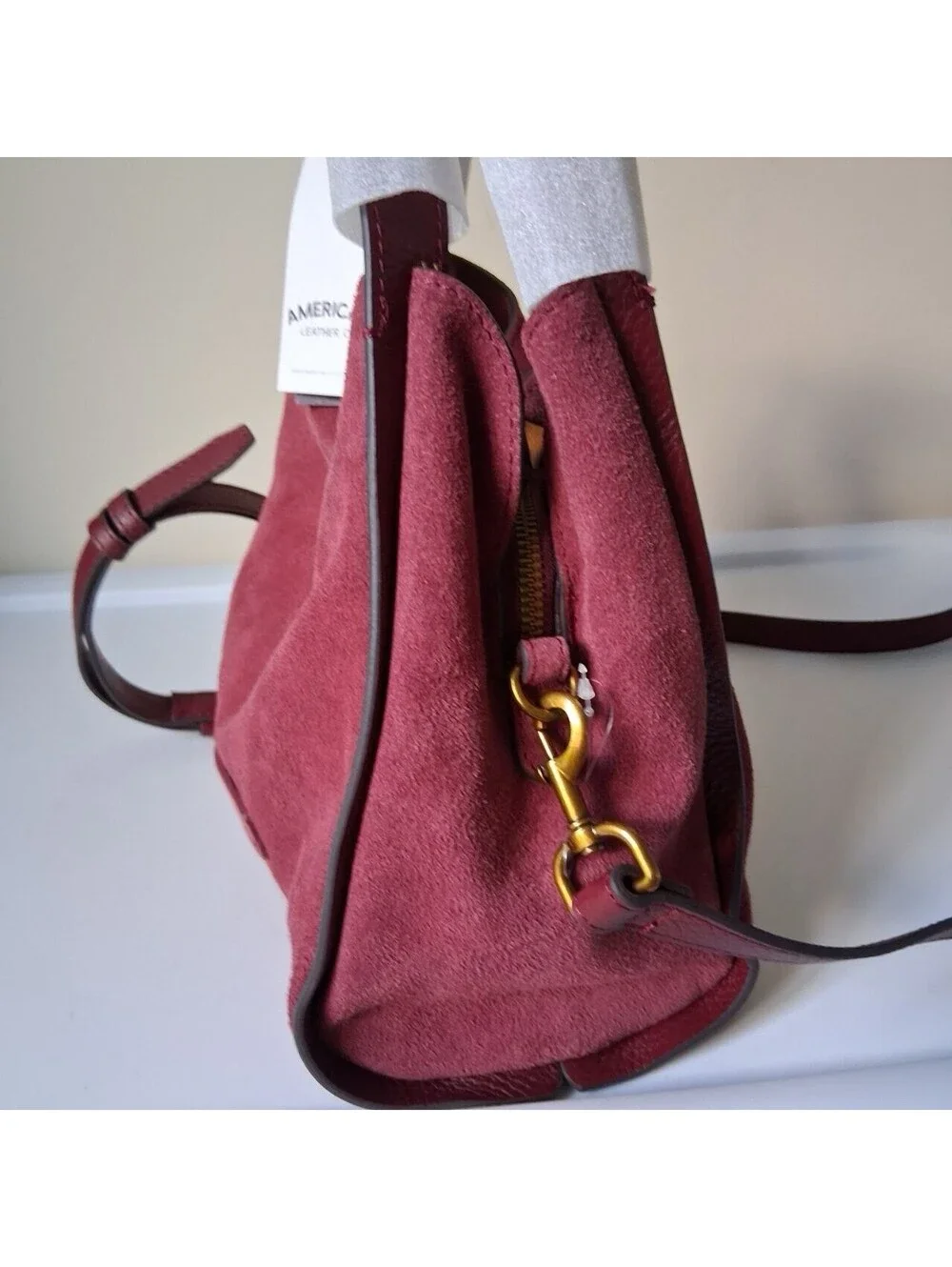 American Leather Co. Auburn Convertible Crossbody Satchel Dark Cherry Suede NWT